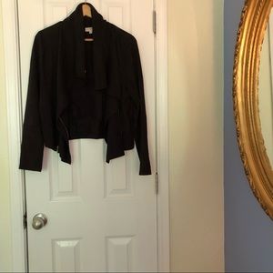 Black faux suede moto jacket with gold zippers